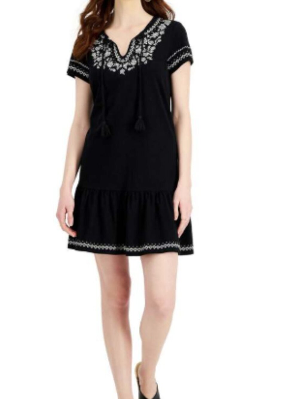 Style & Co. Black Short-Sleeve Embroidered Tassel Dress Large Cotton Modal